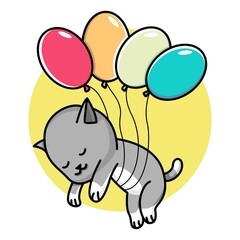 Cute cat flying with balloon cartoon illustration