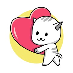Cute cat holding red heart cartoon illustration