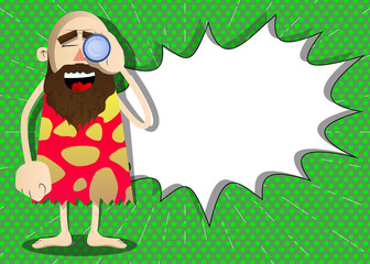 Cartoon prehistoric man holding binoculars in his hand. Vector illustration of a man from the stone age.