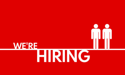 we are hiring text with peoples silhouette, flat vector poster or banner illustration on red background