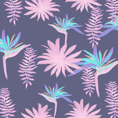 Fototapeta na wymiar Navy Pattern Nature. Purple Tropical Palm. Indigo Floral Art. Blue Flora Art. Violet Decoration Vintage. Cobalt Wallpaper Palm. Coral Spring Leaves.