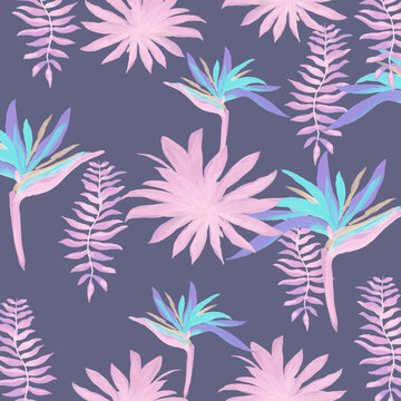 Navy Pattern Nature. Purple Tropical Palm. Indigo Floral Art. Blue Flora Art. Violet Decoration Vintage. Cobalt Wallpaper Palm. Coral Spring Leaves.