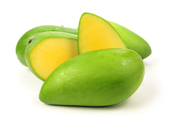 fresh green mangoes on white background.