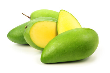 fresh green mangoes on white background.
