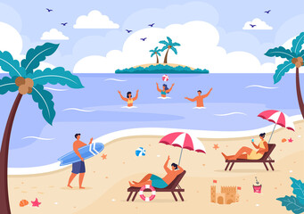 Obraz na płótnie Canvas Happy Summer Time in Beach Seaside Vector Illustration for Background, Wallpaper or Banners