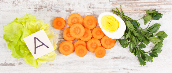 Nutritious products containing vitamin A, concept of healthy nutrition as source minerals