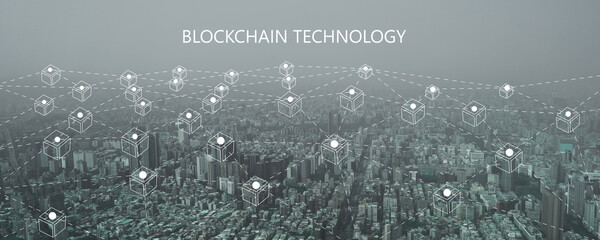 blockchain connecting line technology and cyber security concept, fintech network and social digital modern in new normal