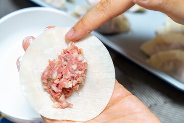 餃子を作っている写真。手作り餃子の写真。