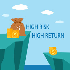 High risk high return business investment concept. Money on high mountain in flat design.