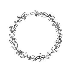 Doodle handdrawn flower wreath for invitaion, greeting card background, illustratuion outline flower frame, vector
