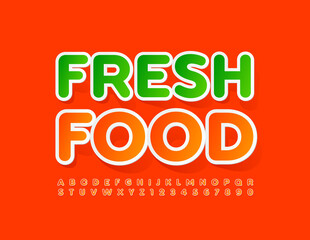Vector colorful Emblem Fresh Food. Creative Modern Font. Sticker Alphabet Letters and Numbers set