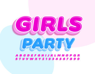Vector modern flyer Girls Party with Trendy Alphabet Letters and Numbers set. Sweet style Font