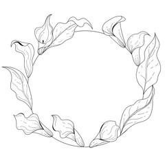 Botanical illustration. Calla wreath. Black and white flower arrangement. Sketch hand drawing of a flower, linear art on a white background. Vector illustration