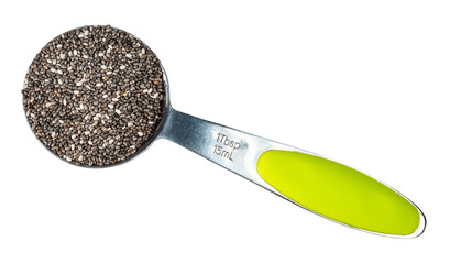 Chia seeds in steel measuring spoon cutout