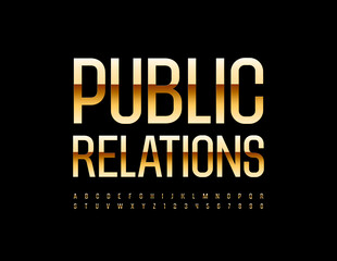 Vector premium sign Public Relations. Gold stylish Font. Elite Alphabet Letters and Numbers