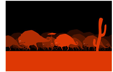 Strange worlds. A herd of bizarre monsters migrates to the north. Vector image for prints, poster and illustrations.