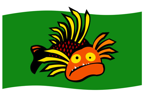 A strange fish looks at you with mad eyes. Comic character. Vector image for prints, poster and illustrations.