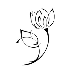 ornament 1772. stylized flower on a curved stem with a single leaf in black lines on a white background