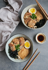 Homemade Japanese cuisine / Ginger Miso Soba Soup Noodle with Ajitsuka Tamago, Inari Age Gyoza, Shitake Mushrooms and Wakame / Delicious and healthy, ideal for light eater, made from fresh ingredients