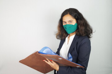 Girl Wearing Mask In Office , corona warriors , face mask , using sanitizer images .