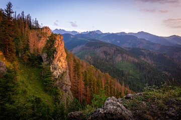 Zachód słońca nad Tatrami podziwiany z Nosala. Zakopane - Kalatówki, Dolina Bystrej - obrazy, fototapety, plakaty