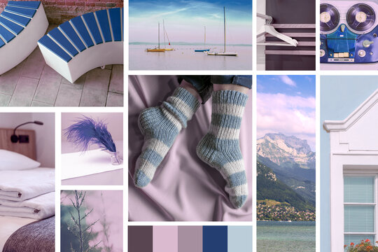 A creative themed mood board with inspiring color gradients in blues, browns and creams. The sea, mountains, music and the silence of nature create a feeling of coziness and tune in to creativity.