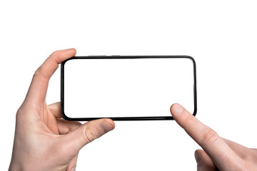 Mock up, mockup.Man hand holding the black smartphone with frame less blank screen and modern...