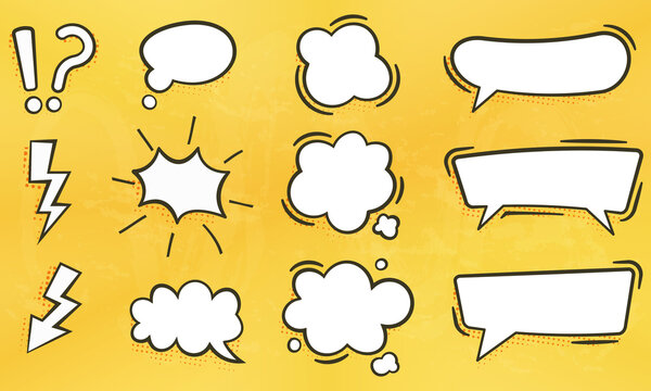 bubble text box for comic with yellow wall texture background, various shapes of empty flat bubble abstract icons. elements of posters, cards, banners, flyers.