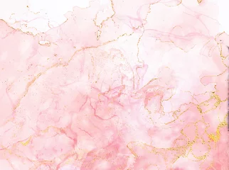 Crédence de cuisine en verre imprimé Marbre Carte de conception de peinture fluide aquarelle rose fard à joues. Monture en marbre or rose. Invitation de mariage de printemps. Encre à l& 39 alcool.