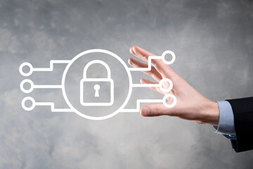 Cyber security network. Padlock icon and internet technology networking. Businessman protecting data personal information on tablet and virtual interface. Data protection privacy concept. GDPR. EU