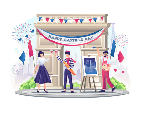 Happy French couple and Painter celebrate Bastille Day on 14th July illustration