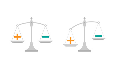 Black mechanical scales with plus and minus in pans. value, solution and rationality balance.