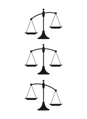 Black mechanical scales balance icon set isolated on white. Justice, law scale.