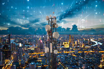 Telecommunication tower with 5G cellular network antenna on night city background, Digital big data...