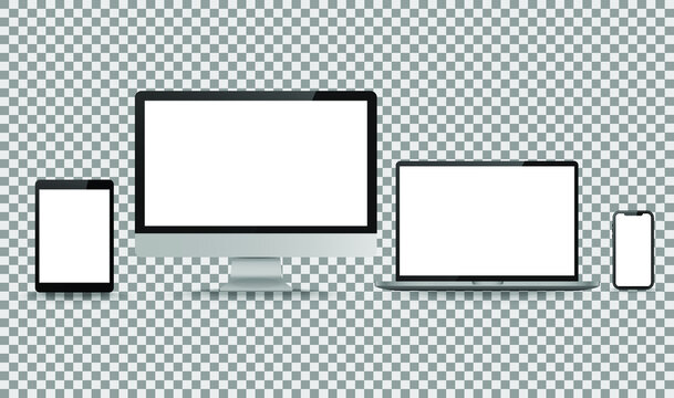 Display screen. Realistic set of monitor, tablet, laptop, smartphone blank isolated technology devices. Object with shadow vector illustrator.