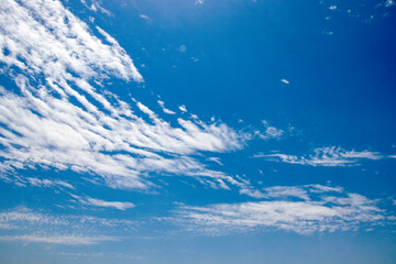Naklejka na ściany i meble Dramatic Sky Background. Clouds in blue Sky. Moody Cloudscape. Panoramic Image Can Be Used as Web Banner