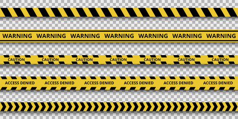Strips of quarantine. Warning caution sign. Black and yellow danger zone line. Brushes included.