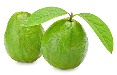 guava with green leaves isolated on white background. clipping path