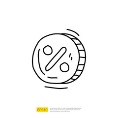 percentage discount coin icon sign symbol with doodle hand drawn style vector illustration