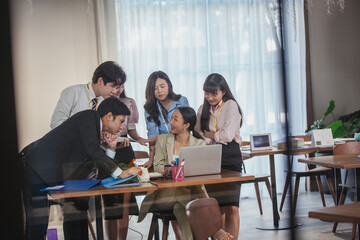 business team Asian congratulating Colleague, Marketing Analysis Accounting Team Teamwork Business Meeting Concept.