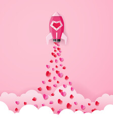 Paper art style of pink rocket flying and released paper hearts to the pink sky through the clouds
