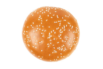 Fresh burger bun isolated on white background with clipping path.  Sesame seed hamburger bun isolated on white. Top view. - Powered by Adobe