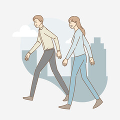 People walking in the city with high buildings in the background. Hand draw style. Vector illustration.