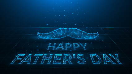 Happy Father's Day polygonal vector illustration on dark blue background, mustache and lettering made from dots and lines. A holiday banner, template, or postcard.