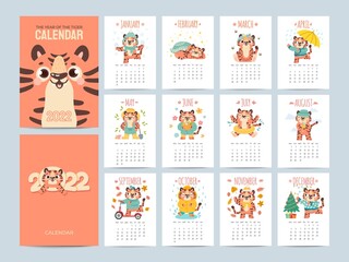Calendar 2022 with cute tigers. Covers and 12 month pages with animal characters season activities. Chinese new year symbol vector planner