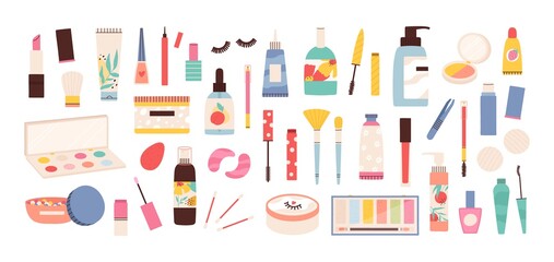 Makeup tools. Beauty cosmetic products in bottles, lipstick, mascara brush, eye shadows, polish and creams. Make up and skin care vector set