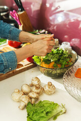 Cooking vegetarian salad with fresh vegetables