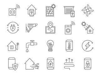 Smart house system icons. Home network, wifi automation internet technology for security, light, heat thermostat and electricity, vector set