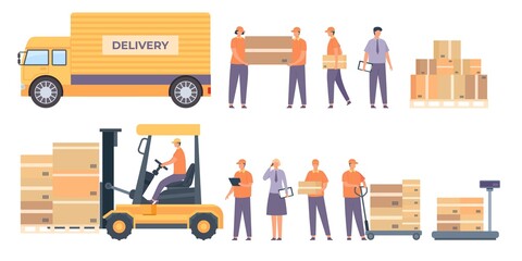 Warehouse workers and equipment. Flat delivery man with parcels, truck, pallet with boxes and service worker. Logistic industry vector set