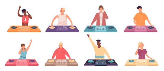 Dj characters at console. Female and male party musicians with turntable mixer. Dj make dance music for discotheque or nightclub vector set - obrazy, fototapety, plakaty